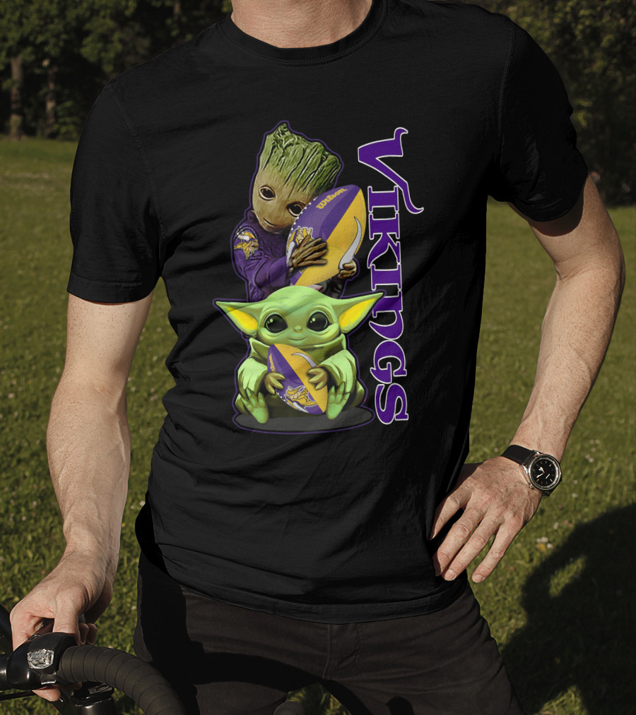 Grzd Minnesota Vikings Groot And Baby Yoda Football Fan T-Shirt
