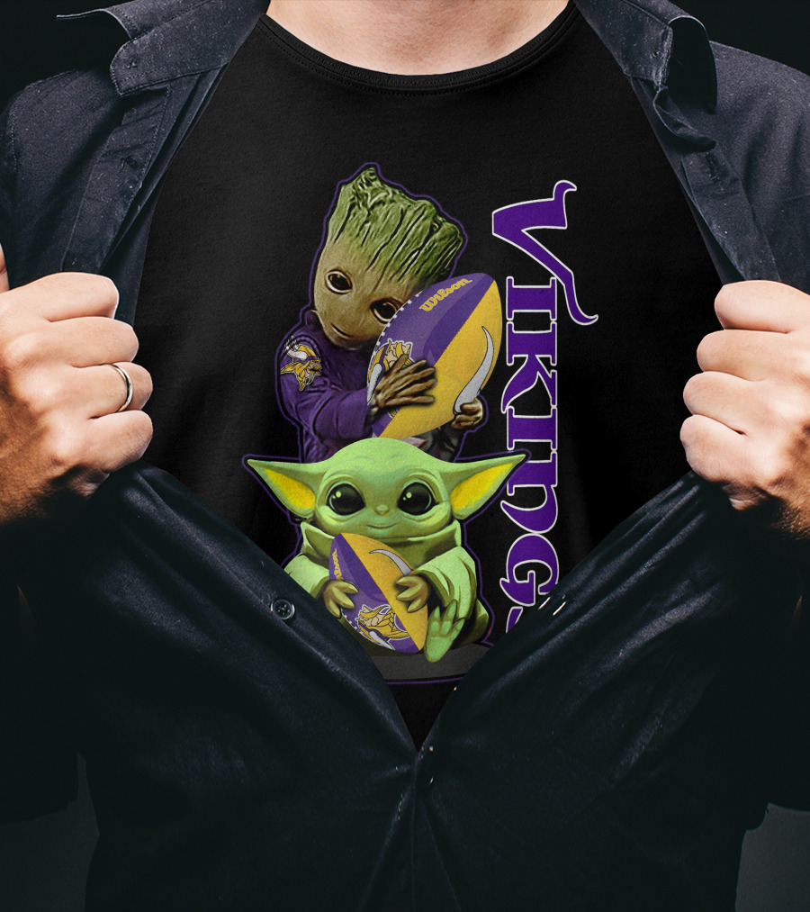 Grzd Minnesota Vikings Groot And Baby Yoda Football Fan T-Shirt