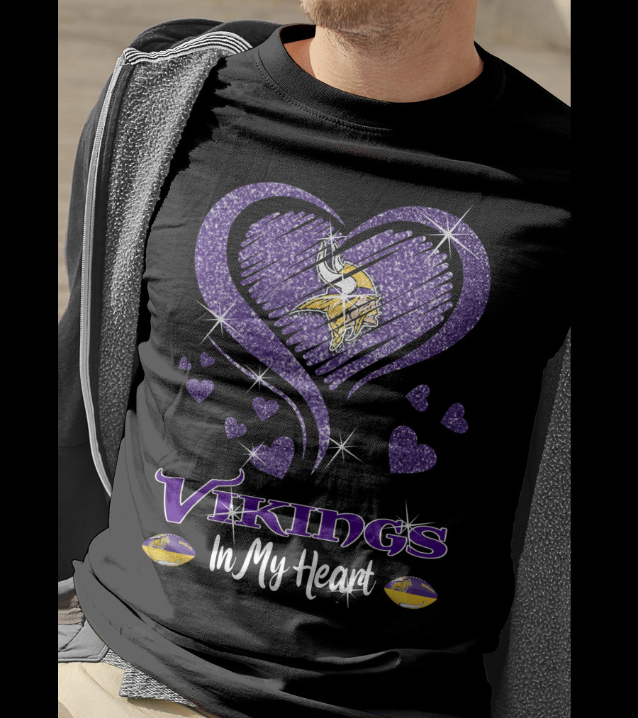 Vikings In My Heart Minnesota Vikings Logo Purple Sparkling Hearts T-Shirt