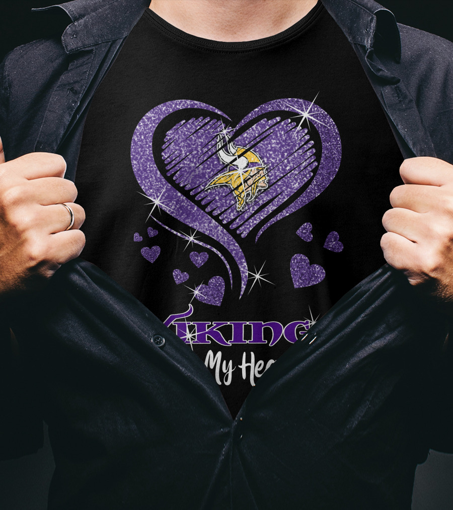 Vikings In My Heart Minnesota Vikings Logo Purple Sparkling Hearts T-Shirt