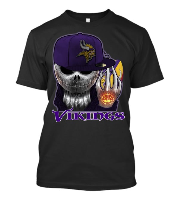 Vikings Skull With Pumpkin And Football In Purple Hat T-Shirt