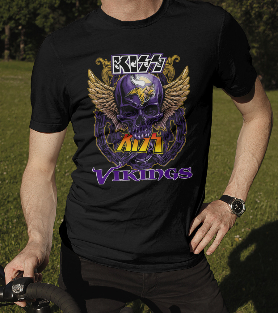 Kiss Vikings Skull With Minnesota Vikings Logo And Wings T-Shirt