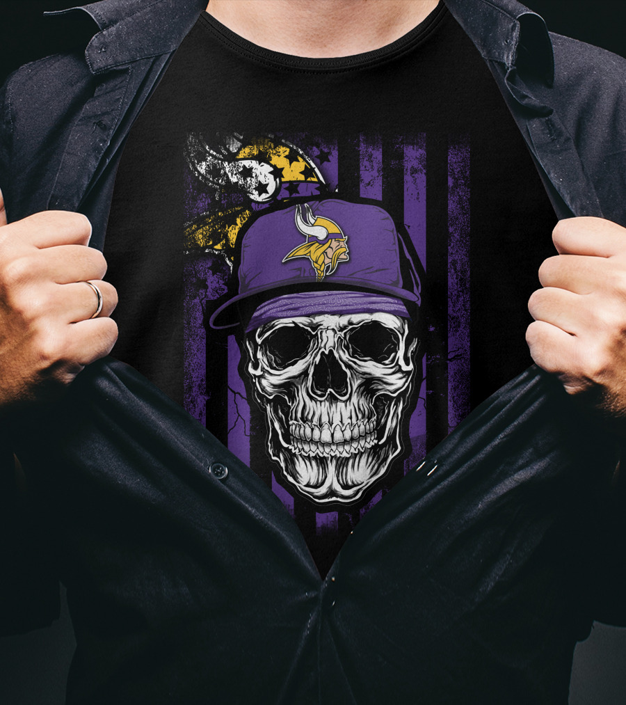 Skull With Minnesota Vikings Hat And Viking Logo On Purple And Black Stripes T-Shirt