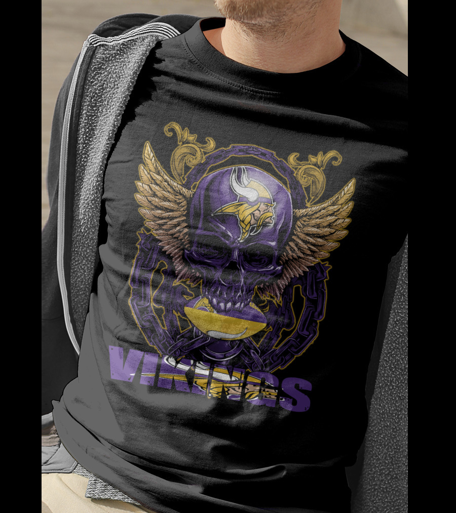 Skullfb Minnesota Vikings Winged Skull And Football Helmet T-Shirt