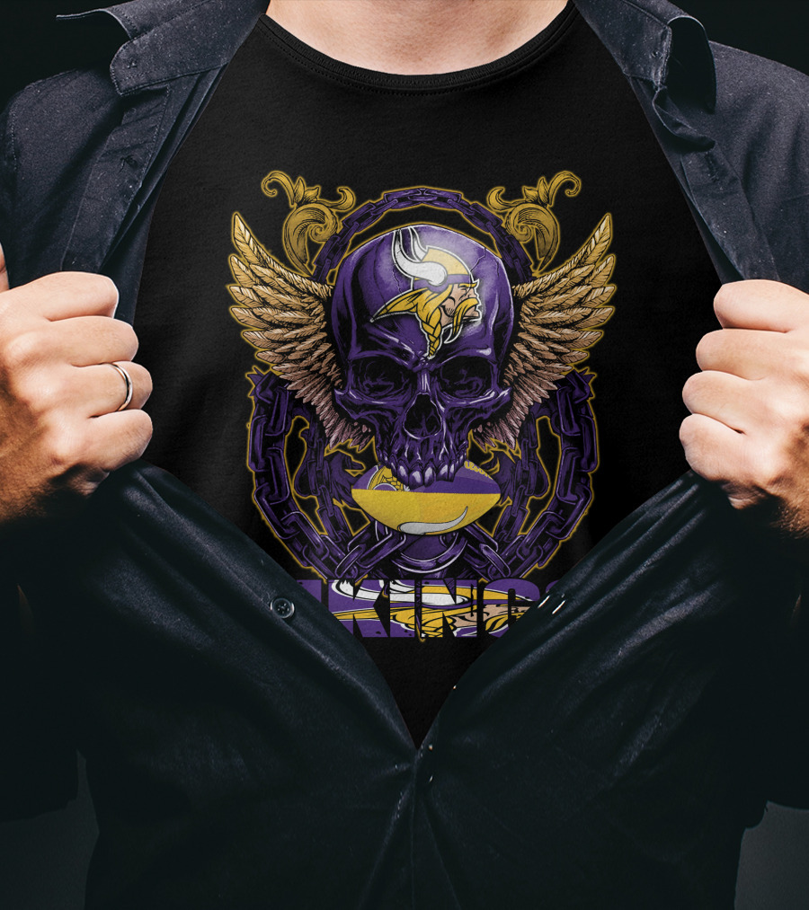 Skullfb Minnesota Vikings Winged Skull And Football Helmet T-Shirt
