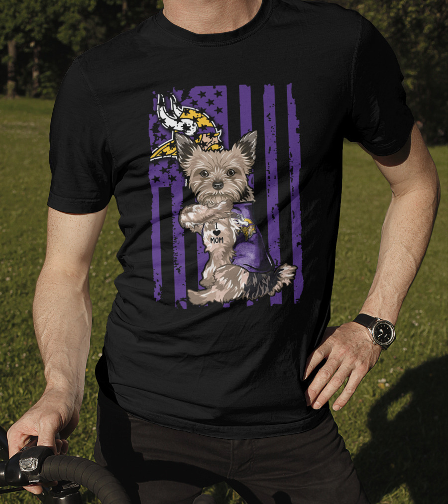 Yorkshire Terrier Wearing Minnesota Vikings I Love Mom Shirt With Viking Head And Purple Distressed Stripes Background T-Shirt