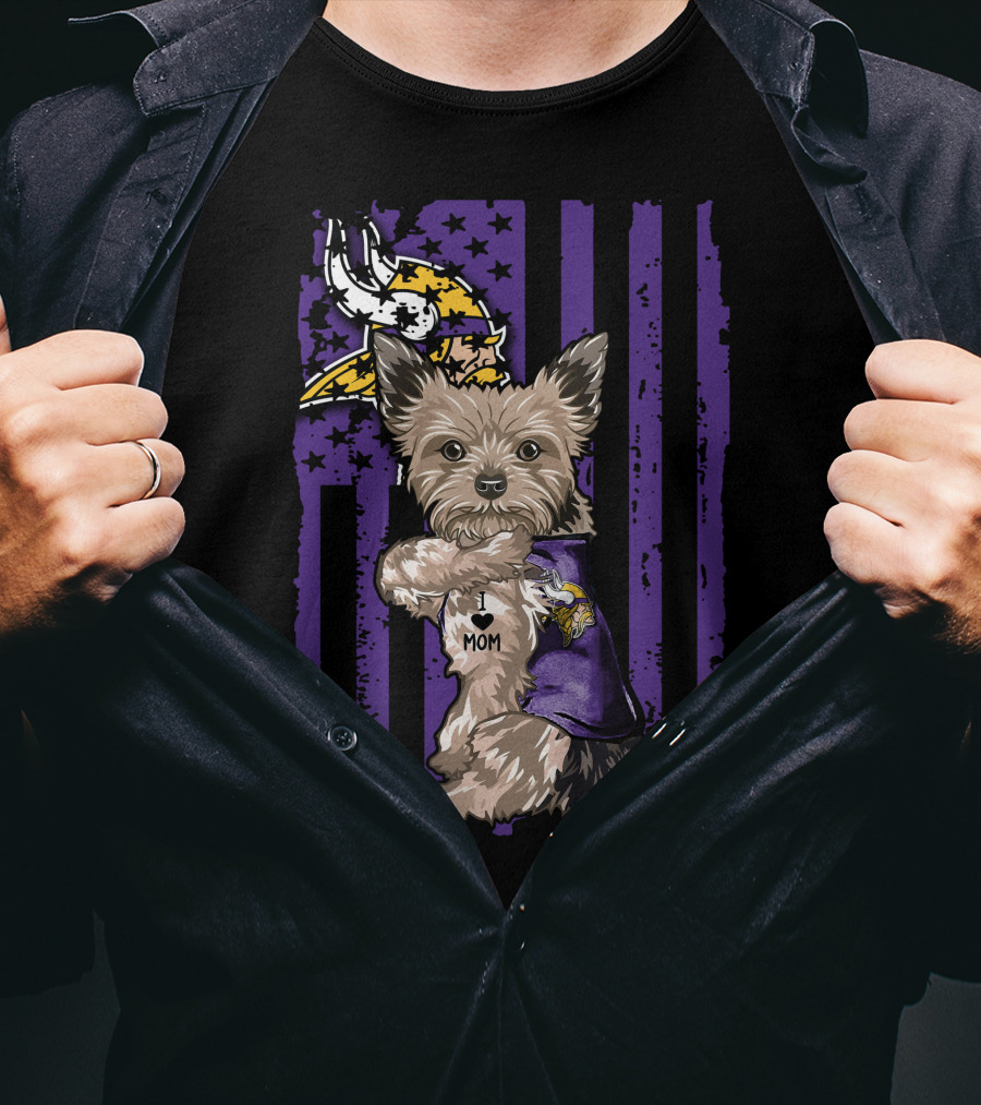Yorkshire Terrier Wearing Minnesota Vikings I Love Mom Shirt With Viking Head And Purple Distressed Stripes Background T-Shirt