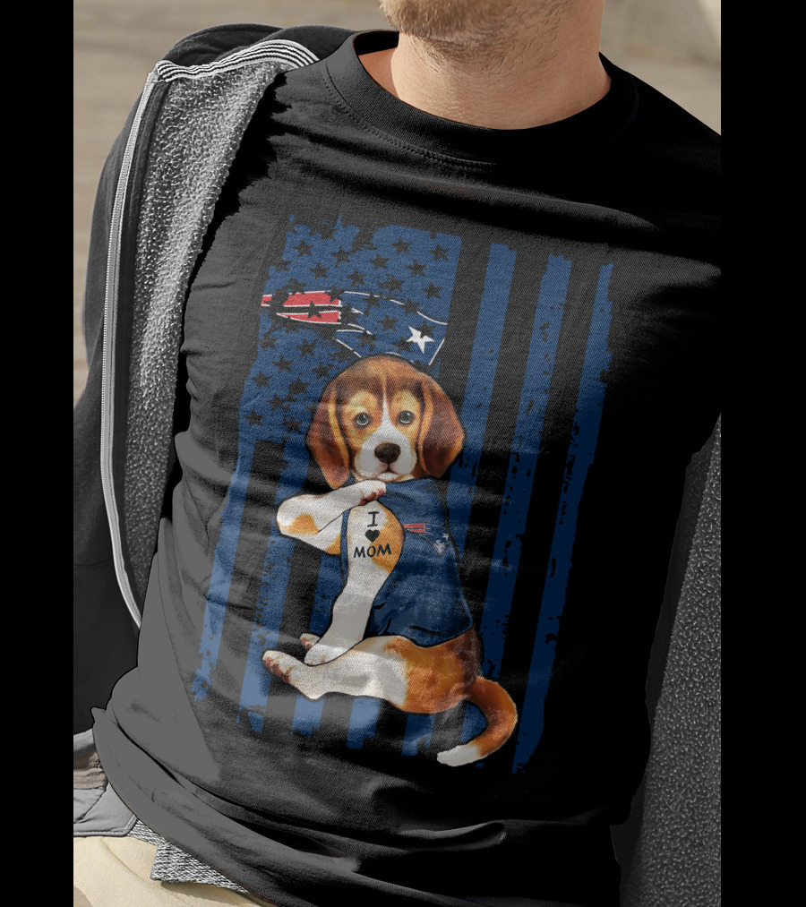 Patriotic Beagle Wearing New England Patriots Jersey I Love Mom T-Shirt