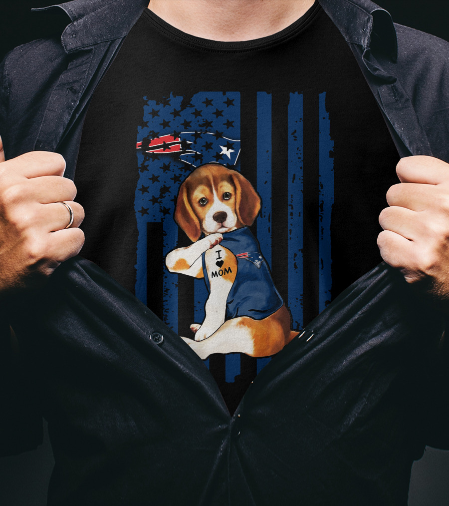 Patriotic Beagle Wearing New England Patriots Jersey I Love Mom T-Shirt