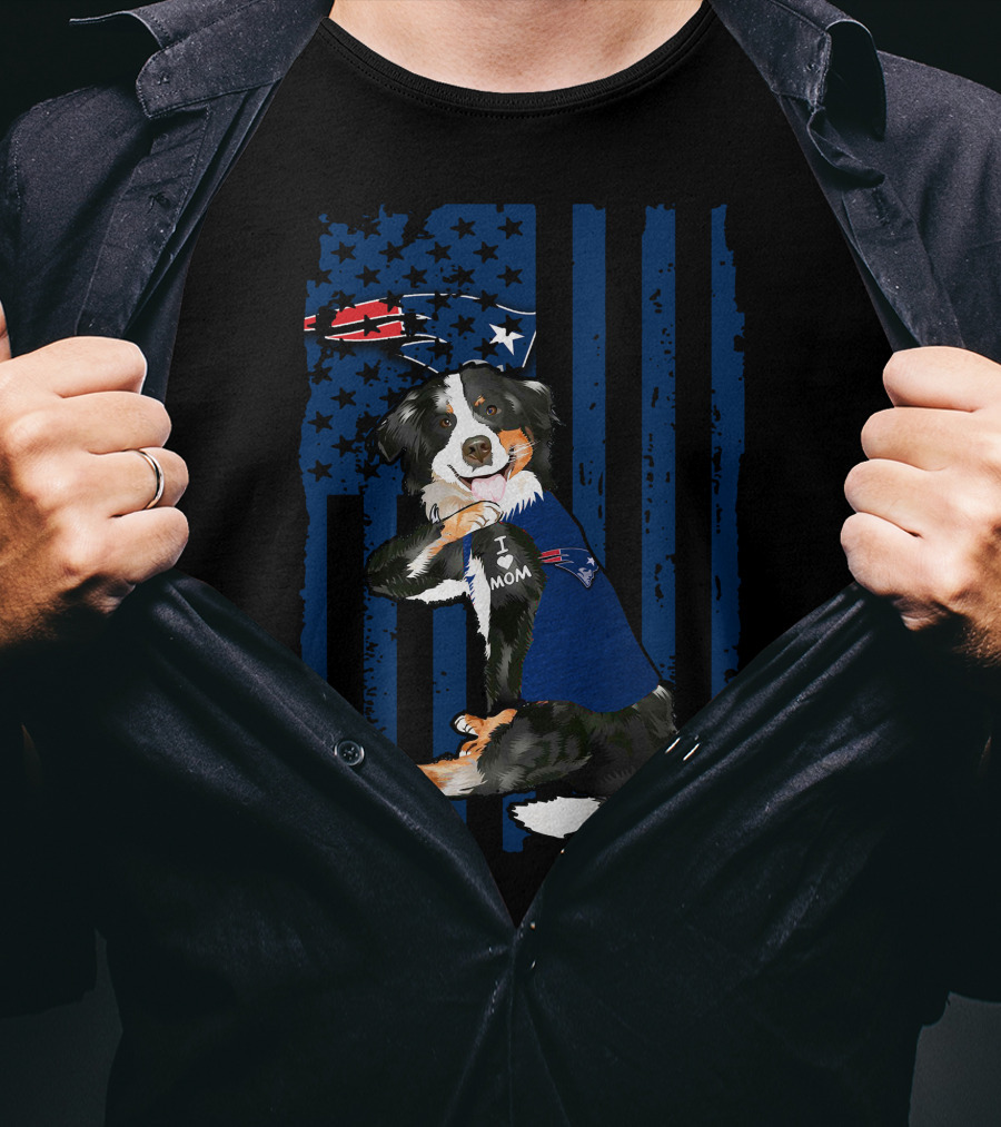 Border Collie I Love Mom New England Patriots USA Flag T-Shirt