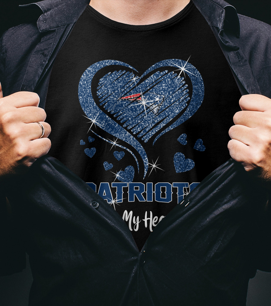 Patriots In My Heart New England Football Sparkle Hearts T-Shirt