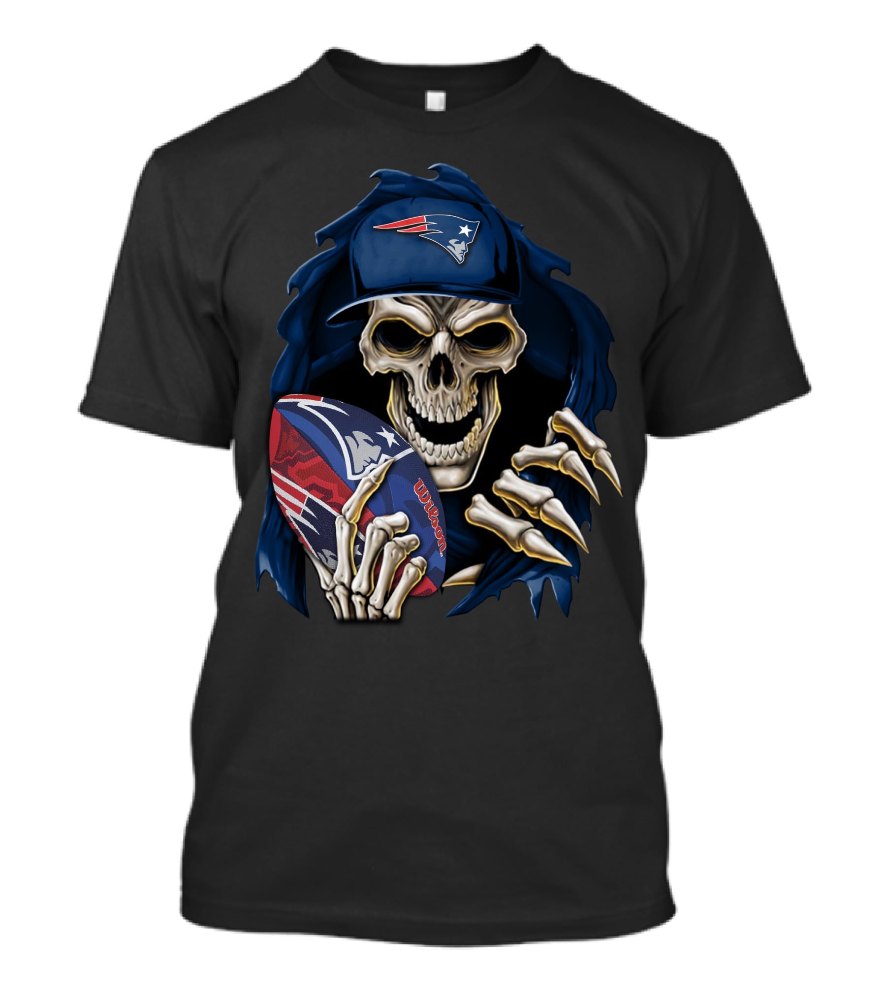 Skullbong New England Patriots Skeleton With Cap Holding Wilson Football T-Shirt
