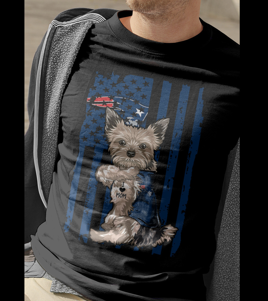Yorkshire Terrier With I Love Mom Vest And New England Patriots Themed Background T-Shirt