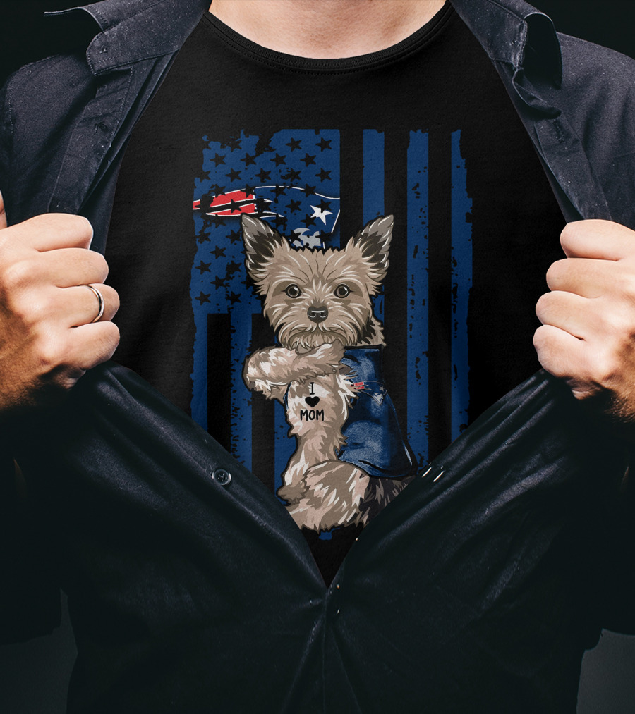 Yorkshire Terrier With I Love Mom Vest And New England Patriots Themed Background T-Shirt