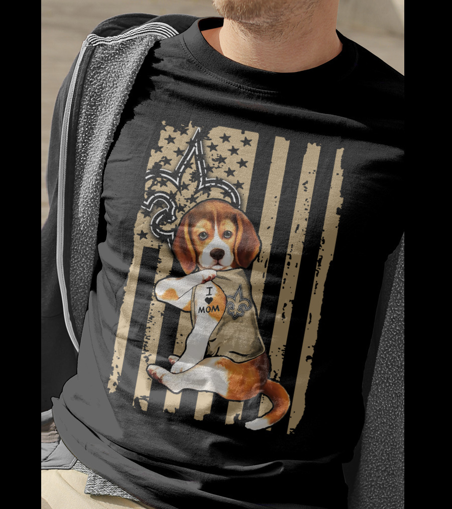 Beagle I Love Mom New Orleans Saints Fleur-de-Lis American Flag T-Shirt