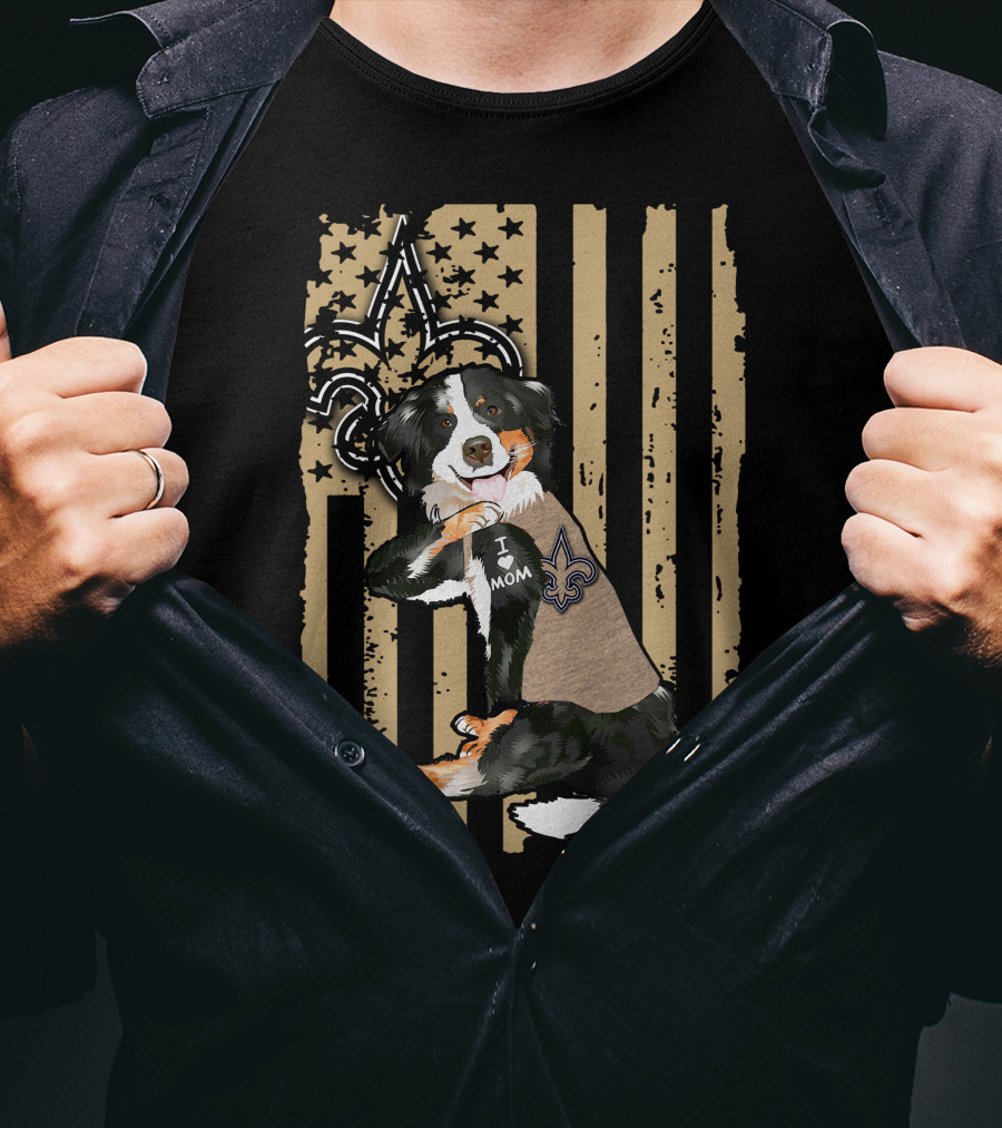Border Collie I Love Mom New Orleans Saints Fleur-de-Lis Stripes T-Shirt