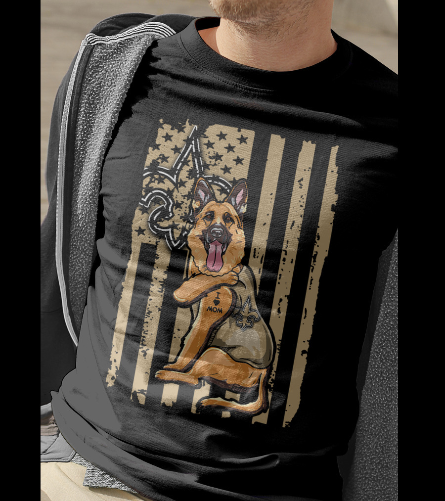 German Shepherd I Love Mom New Orleans Saints Fleur-de-Lis American Flag T-Shirt