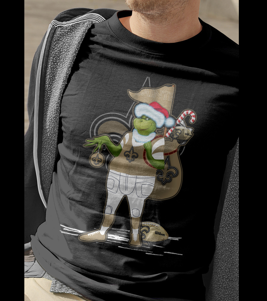 Grinchxmas Santa Hat New Orleans Saints Football Fleur-De-Lis Candy Cane Sack T-Shirt