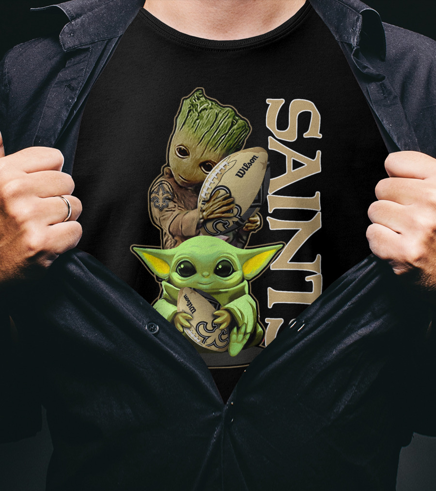 Grzd New Orleans Saints Groot And Baby Yoda Football T-Shirt
