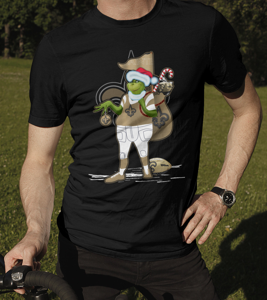 Grinchxmas New Orleans Saints Football Holiday Fun With Santa Hat And Fleur-de-Lis T-Shirt