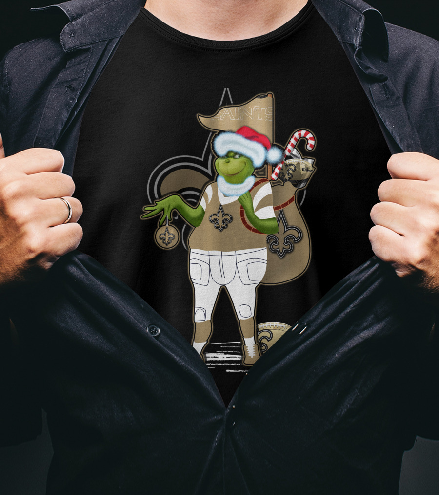 Grinchxmas New Orleans Saints Football Holiday Fun With Santa Hat And Fleur-de-Lis T-Shirt