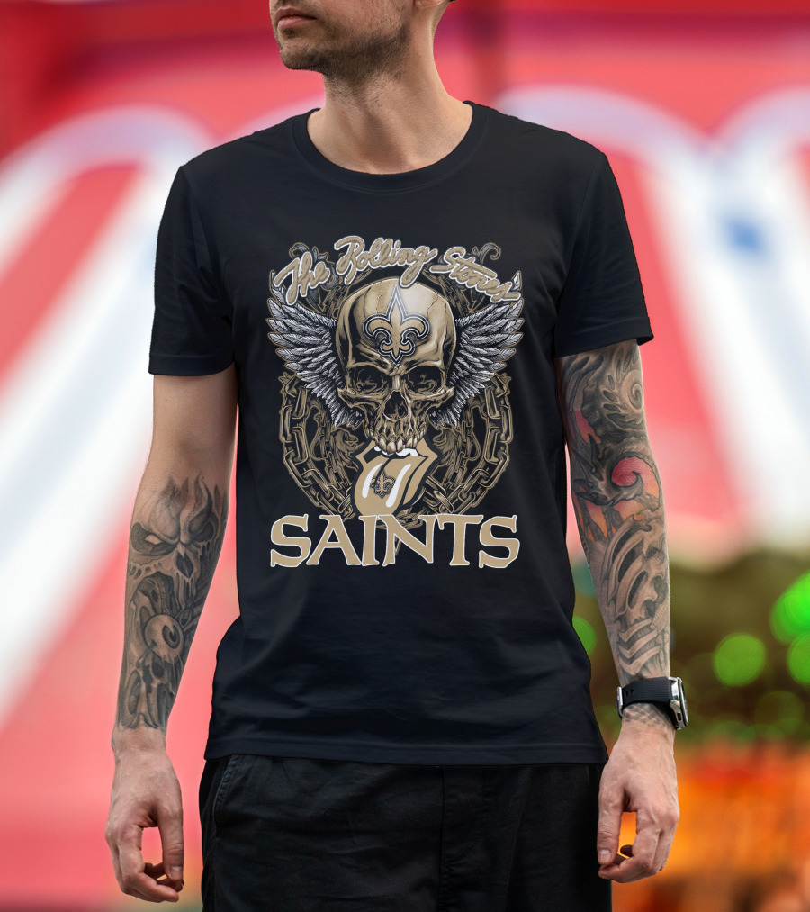 The Rolling Stones New Orleans Saints Skull And Winged Logo With Fleur-De-Lis And Tongue Chain T-Shirt