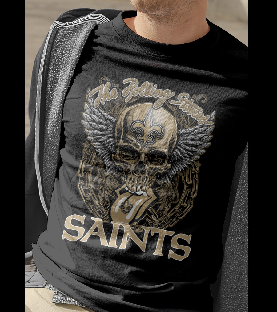 The Rolling Stones New Orleans Saints Skull And Winged Logo With Fleur-De-Lis And Tongue Chain T-Shirt