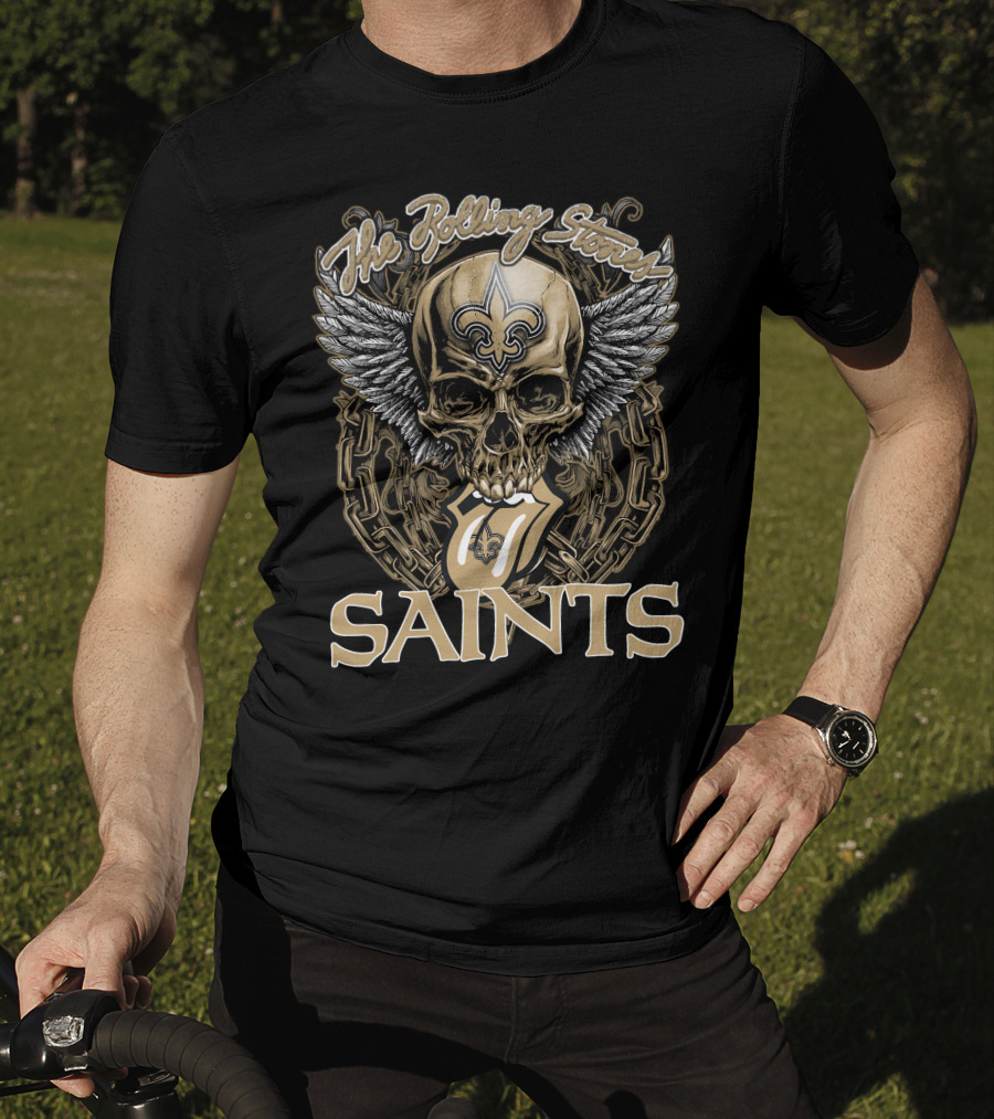 The Rolling Stones New Orleans Saints Skull And Winged Logo With Fleur-De-Lis And Tongue Chain T-Shirt
