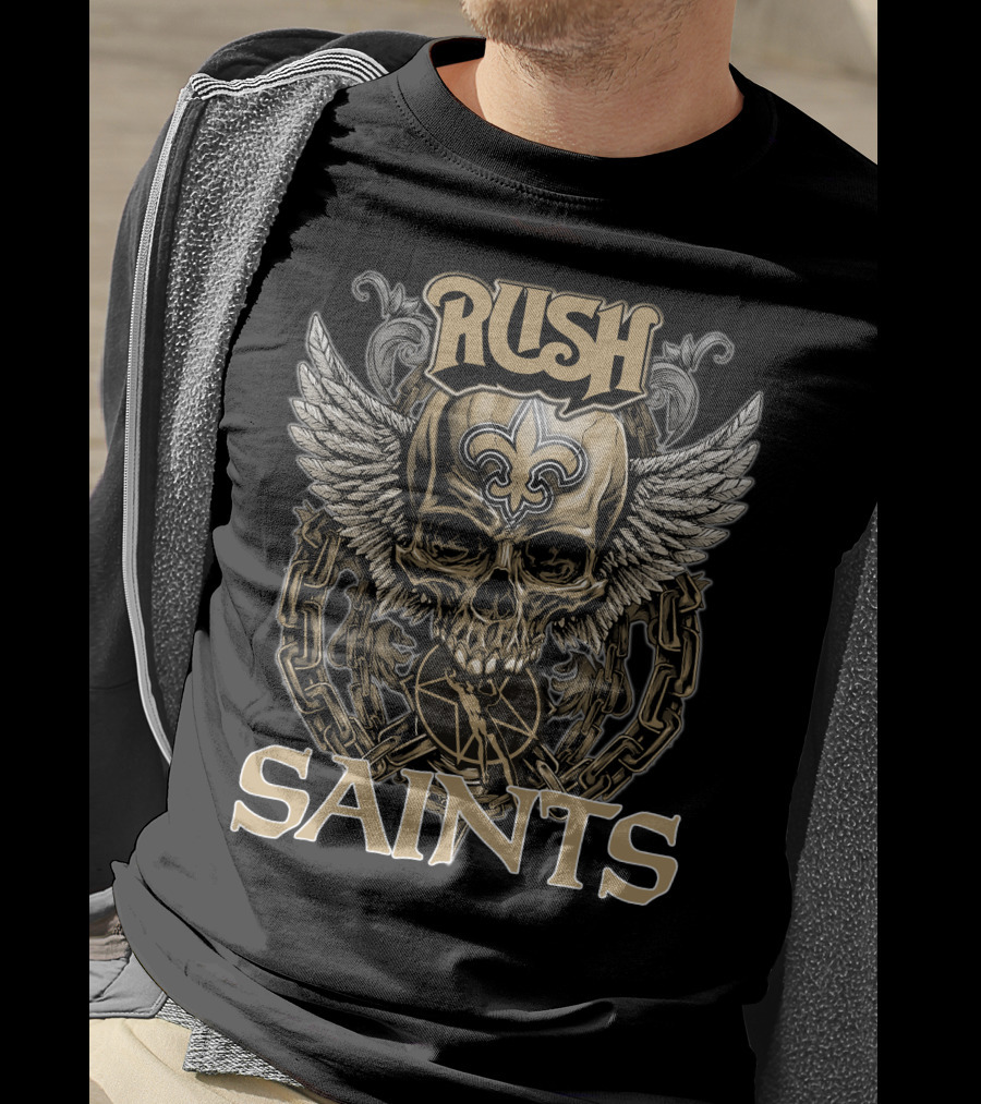 Rush New Orleans Saints Skull With Wings And Chains Fleur-de-Lis Emblem T-Shirt