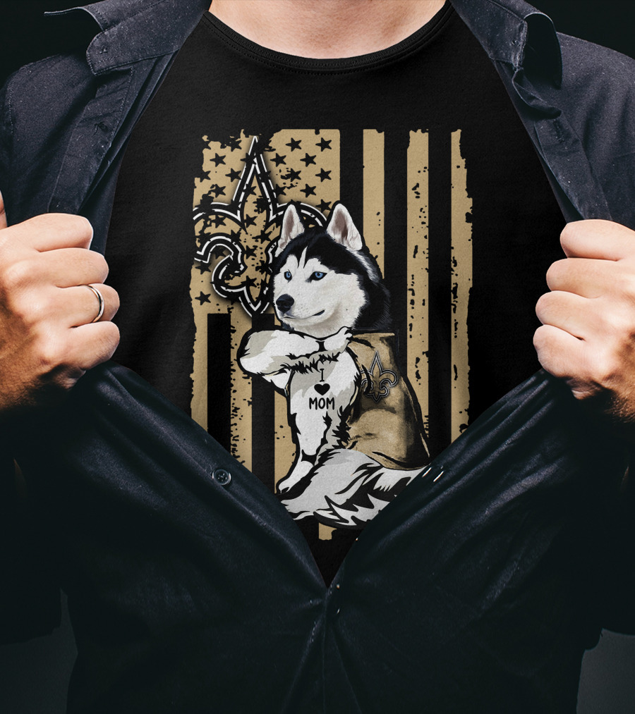 Siberian Husky Mom New Orleans Saints Fleur-de-Lis American Flag T-Shirt