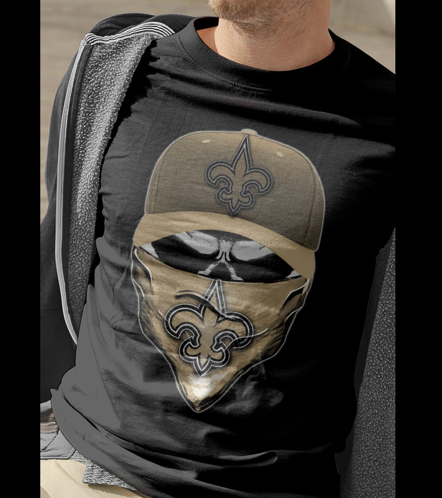 Skull V6 New Orleans Saints Fleur-de-Lis Mask And Cap T-Shirt