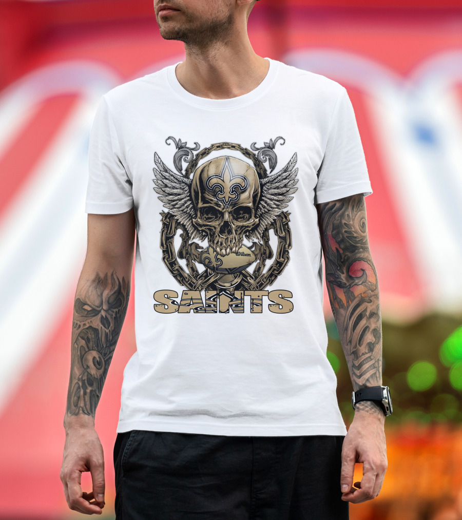 Saints Skullfb Winged Skull With Fleur-de-lis And Chains T-Shirt