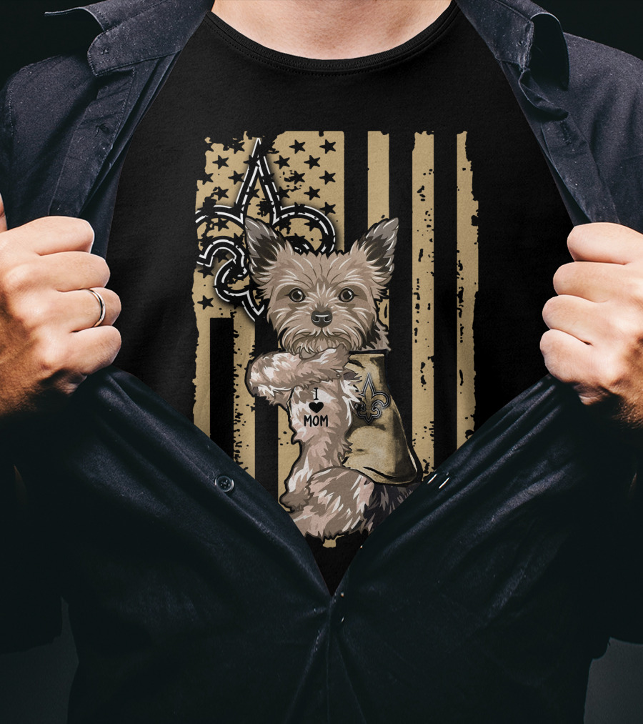 Yorkshire Terrier I Love Mom New Orleans Saints Fleur-de-Lis Stripes T-Shirt