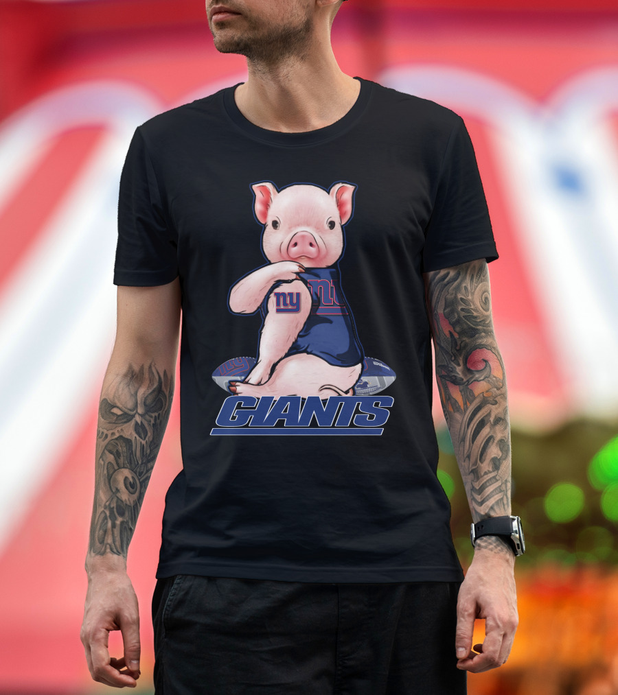 Pig Wearing New York Giants Jersey Sitting On Football Giants T-Shirt