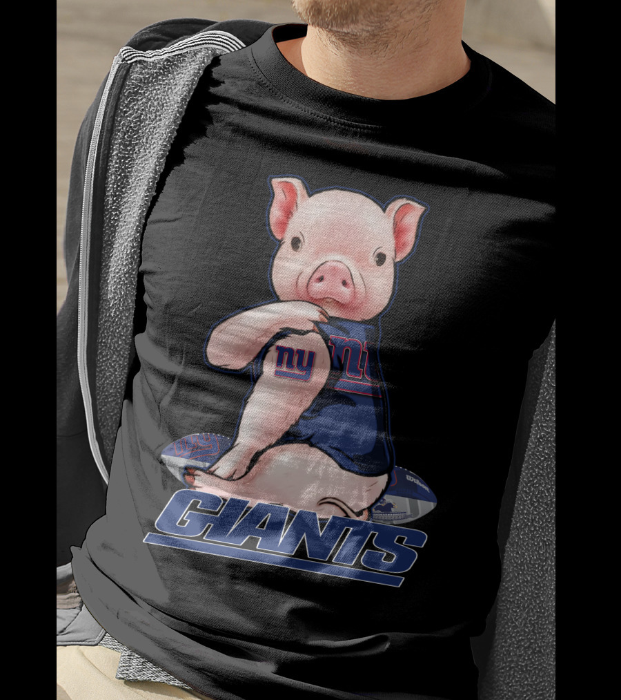 Pig Wearing New York Giants Jersey Sitting On Football Giants T-Shirt
