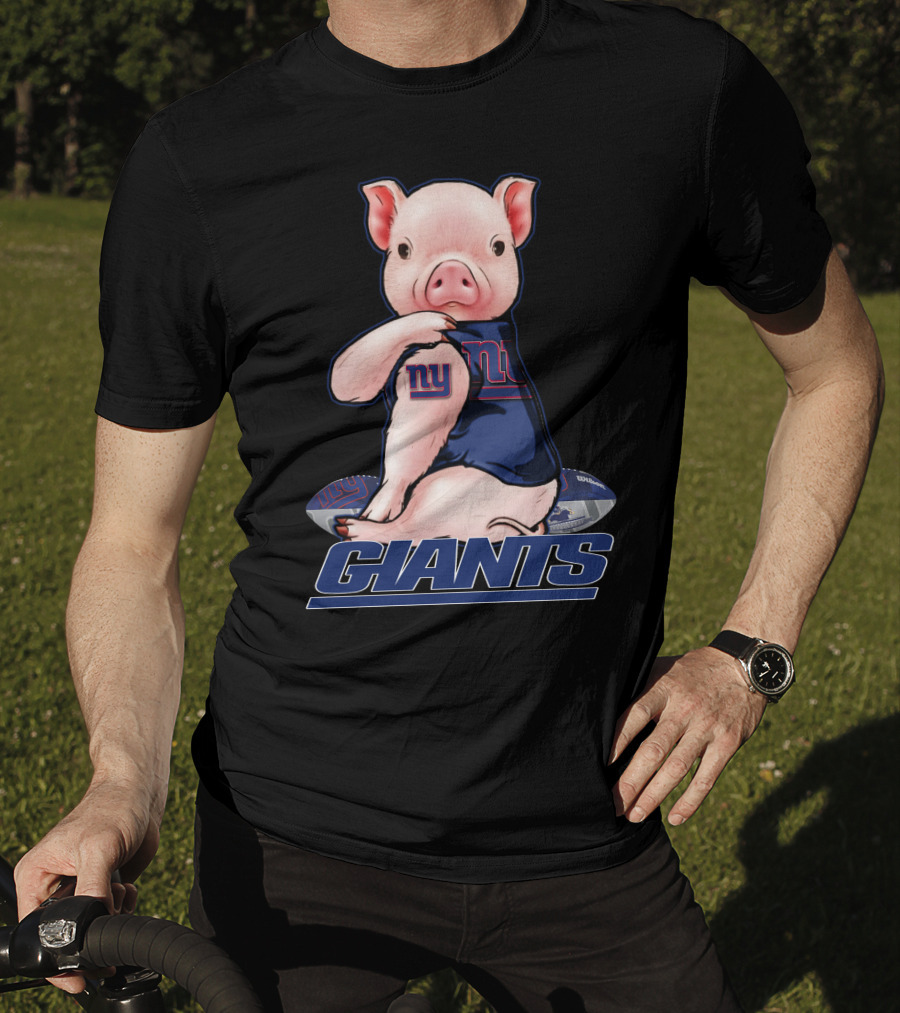 Pig Wearing New York Giants Jersey Sitting On Football Giants T-Shirt