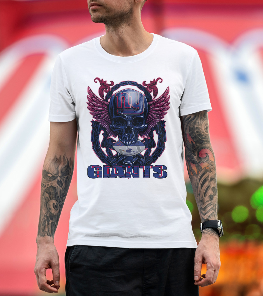 Skullfb New York Giants Winged Skull Design With Football Helmet And Chains T-Shirt