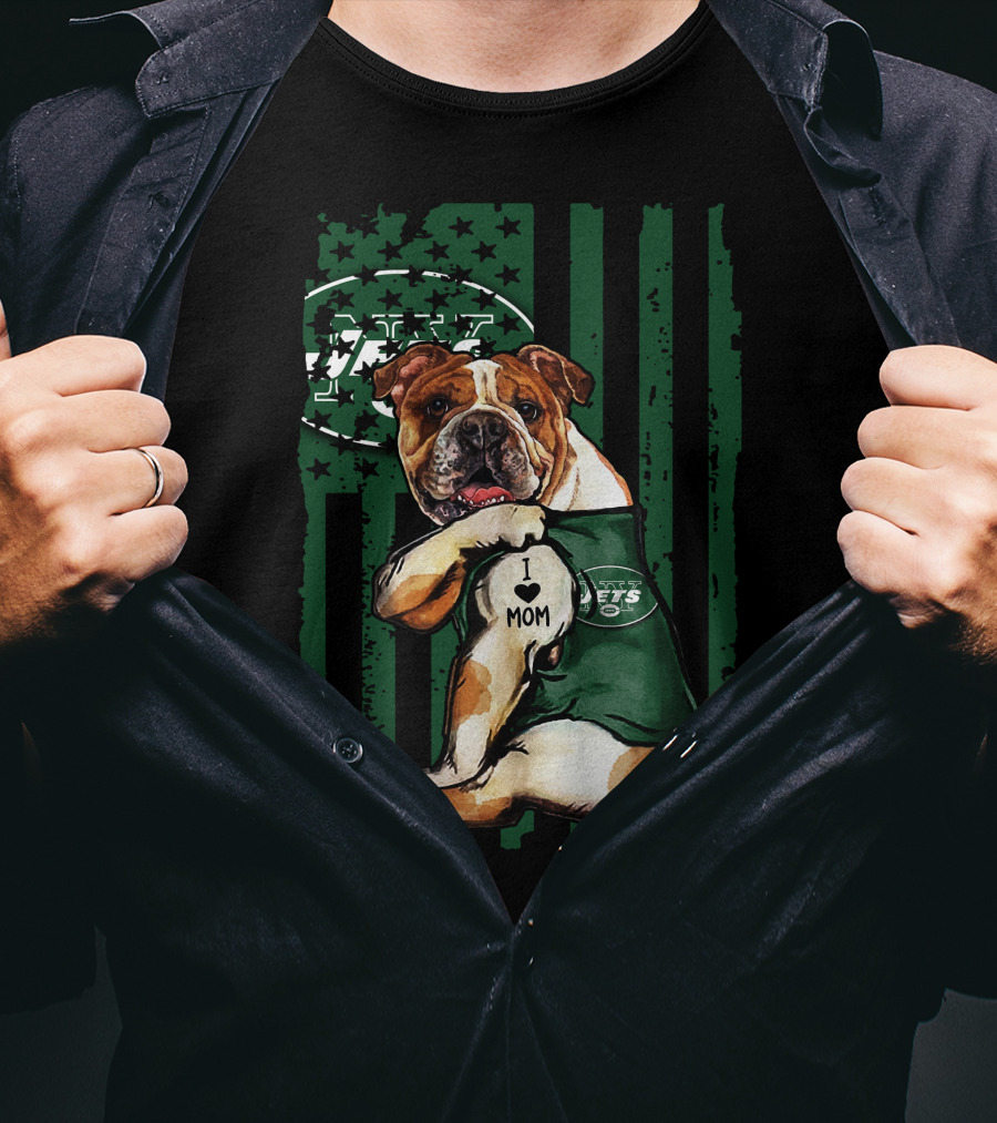Bulldog In New York Jets Shirt With I Love Mom Tattoo T-Shirt