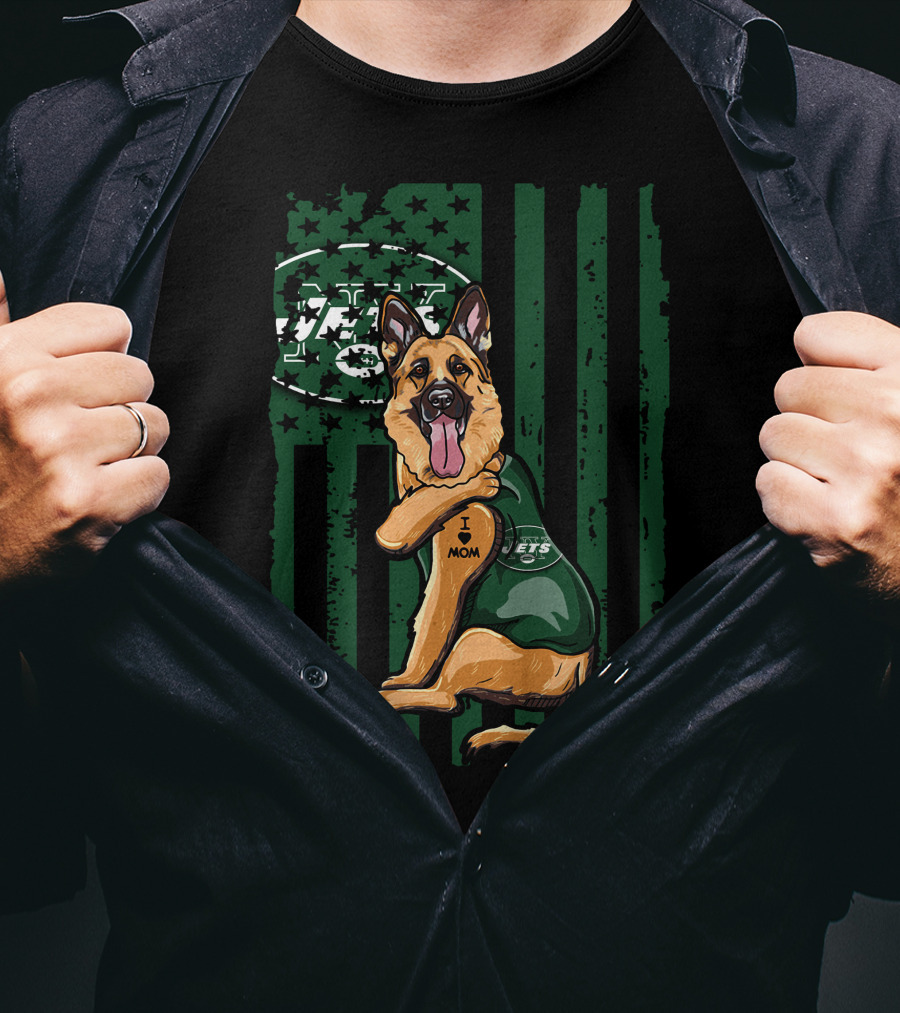 German Shepherd I Love Mom New York Jets Fan USA Flag T-Shirt