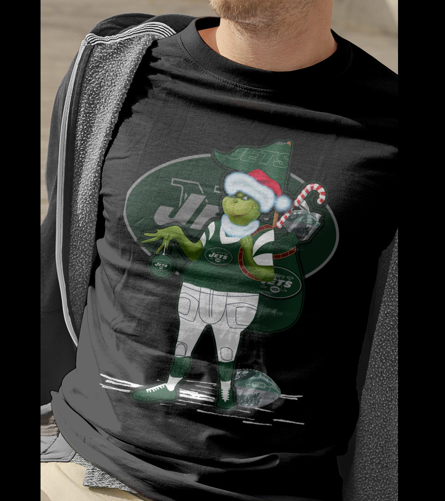 Grinch Christmas New York Jets Football Santa Hat And Sack With Candy Cane T-Shirt