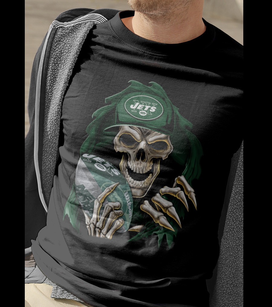 New York Jets Skullbong Skeleton Holding Football T-Shirt