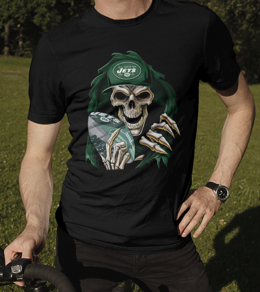 New York Jets Skullbong Skeleton Holding Football T-Shirt