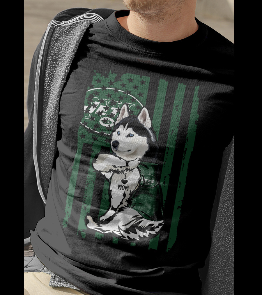 Siberian Husky I Love Mom New York Jets Fan Flag T-Shirt