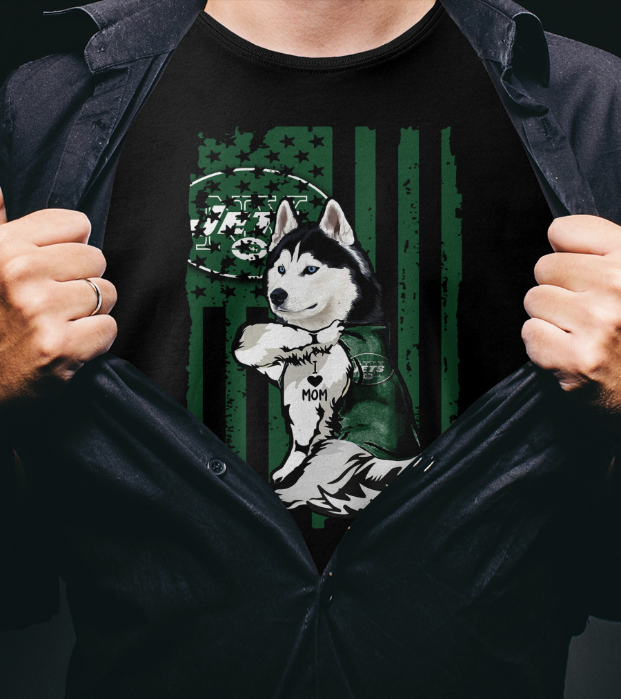 Siberian Husky I Love Mom New York Jets Fan Flag T-Shirt