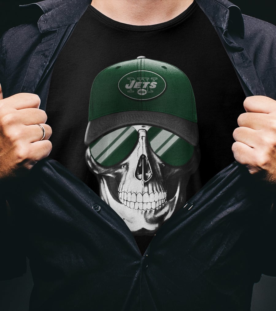 Skull V7 New York Jets Hat And Sunglasses T-Shirt