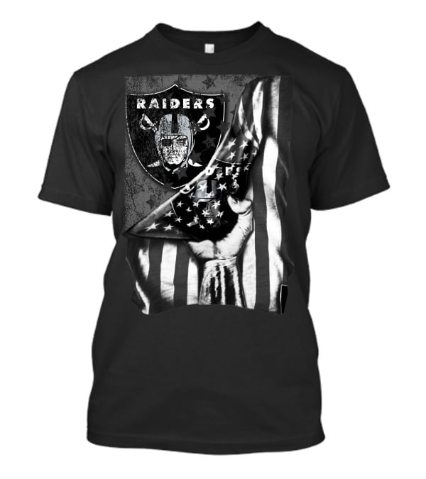 Raiders Shield With American Flag And Hand Holding Stars Grayscale T-Shirt