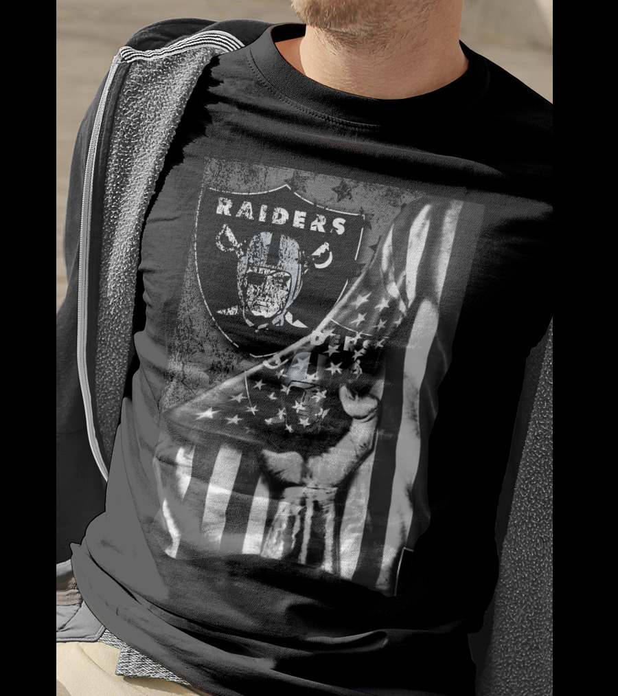 Raiders Shield With American Flag And Hand Holding Stars Grayscale T-Shirt