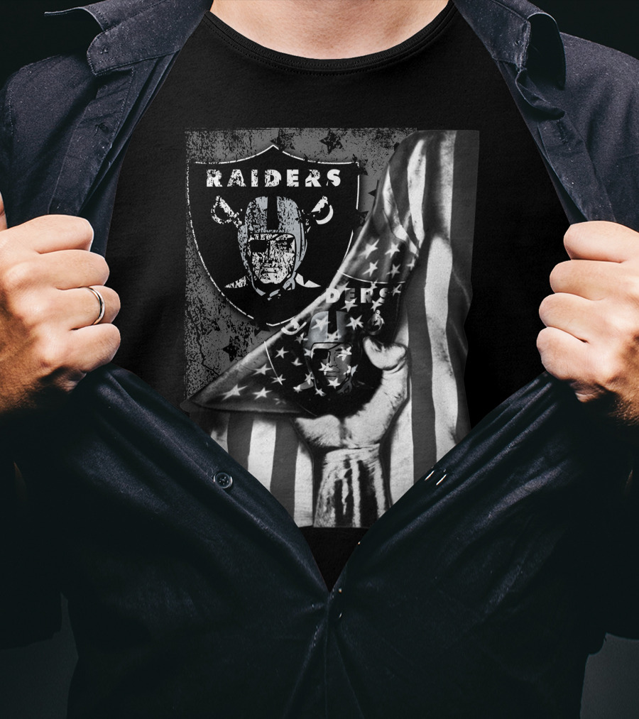 Raiders Shield With American Flag And Hand Holding Stars Grayscale T-Shirt
