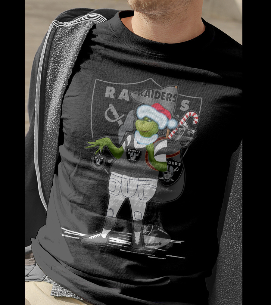 Grinchxmas Raiders Santa Hat Candy Cane Football T-Shirt
