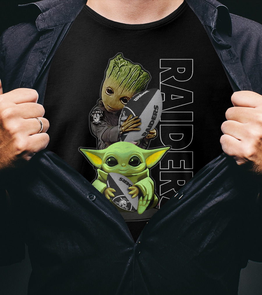 Grzd Oakland Raiders Groot Baby Yoda Football T-Shirt